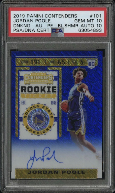 Photo of 2019 Jordan Poole Contenders Rookie Ticket Blue Shimmer Variation Rookie Card