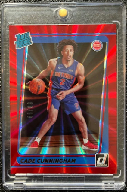 2021 Cade Cunningham Donruss Red Blue Laser Prizm Rookie Card Photo of 2021 Cade Cunningham Donruss Red Blue Laser Prizm Rookie Card