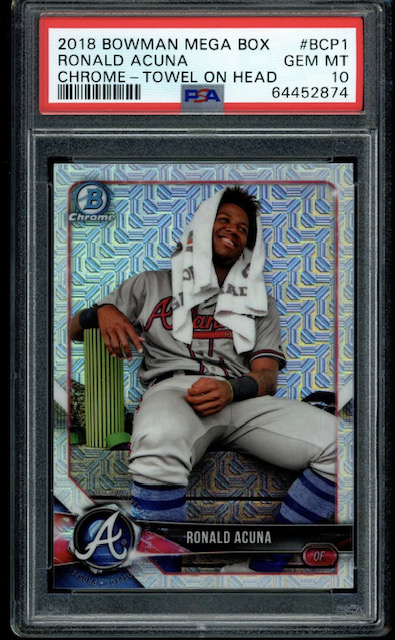 Photo of a 2018 Ronald Acuna Bowman Chrome Mega Box Variation Rookie Card