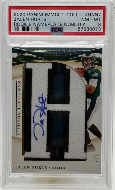 Photo of a 2020 Jalen Hurts Immaculate Nameplate Notability rookie card