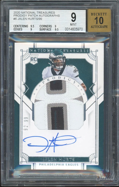 Photo of a 2020 Jalen Hurts National Treasures Prodigy rookie card