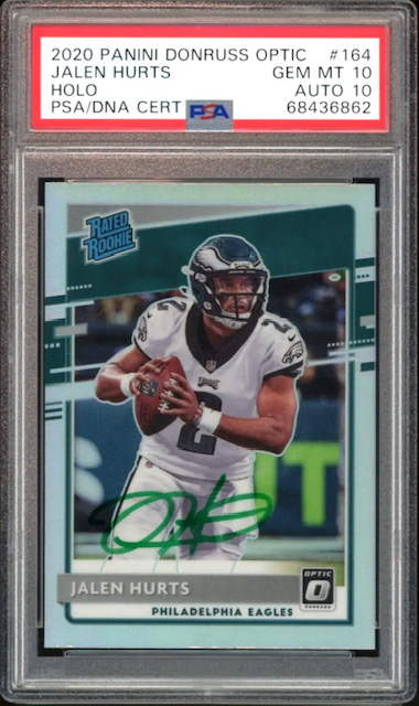 Photo of a Jalen Hurts Optic Holo rookie card