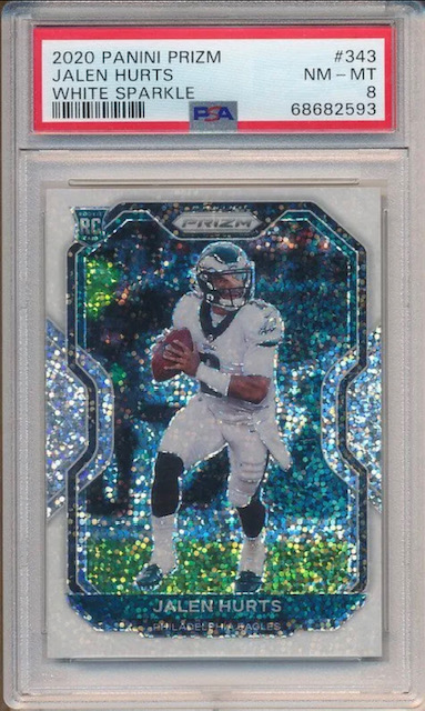 Photo of a 2020 Jalen Hurts Prizm White Sparkle rookie card